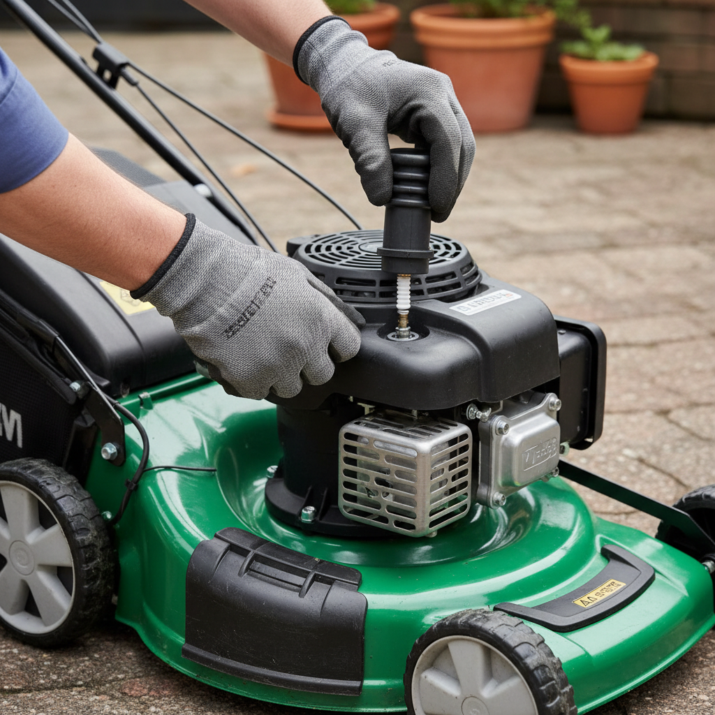 Hands pulling a rubber spark-plug boot straight off a cool lawn-mower engine.