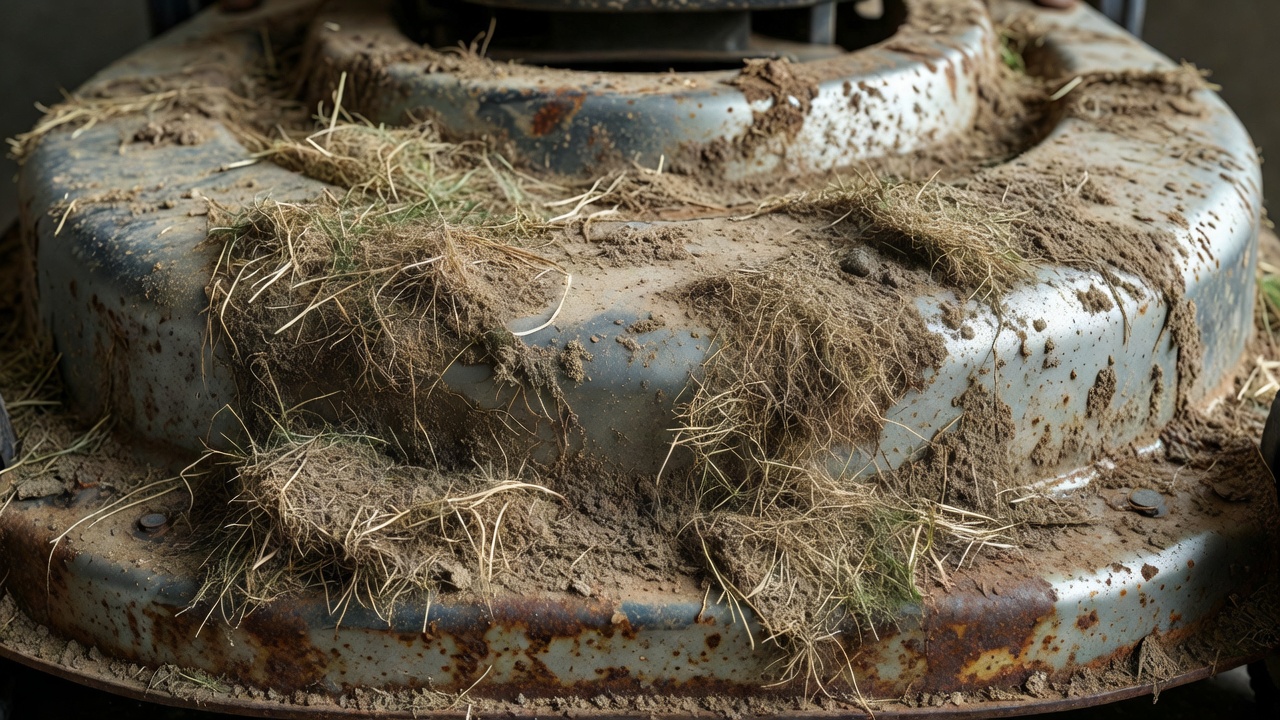Close-up of a mower deck underside caked with dried grass and rust