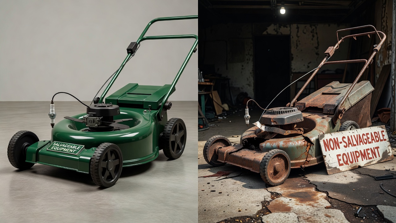 Side-by-side comparison of a working lawn mower versus a broken lawn mower showing condition assessment differences