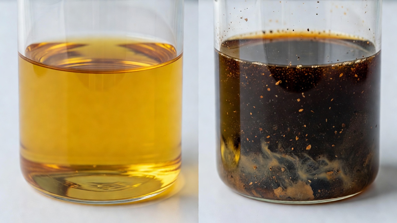 How Do You Drain a Lawn Mower Gas Tank? (3 Methods + Safety Tips) Side-by-side comparison of fresh clear gasoline versus dark degraded phase-separated gasoline with sediment