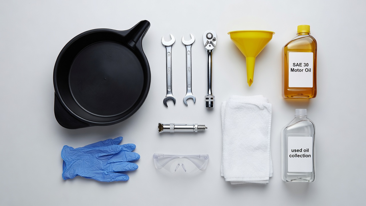 How Do You Drain Oil from a Lawn Mower? (Step-by-Step Guide & Safety Tips) Organized lawn mower oil change tools and supplies laid out on a workbench