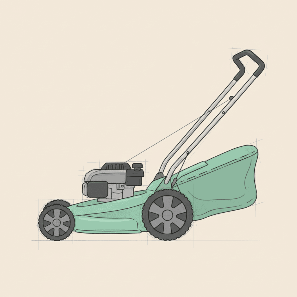 Finished side-view sketch of a walk-behind lawn mower with faint construction lines