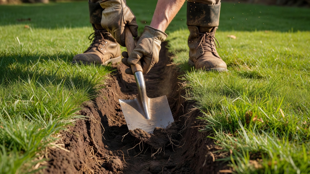 Gardener using a spade to create a clean-cut edge along a flower bed.
