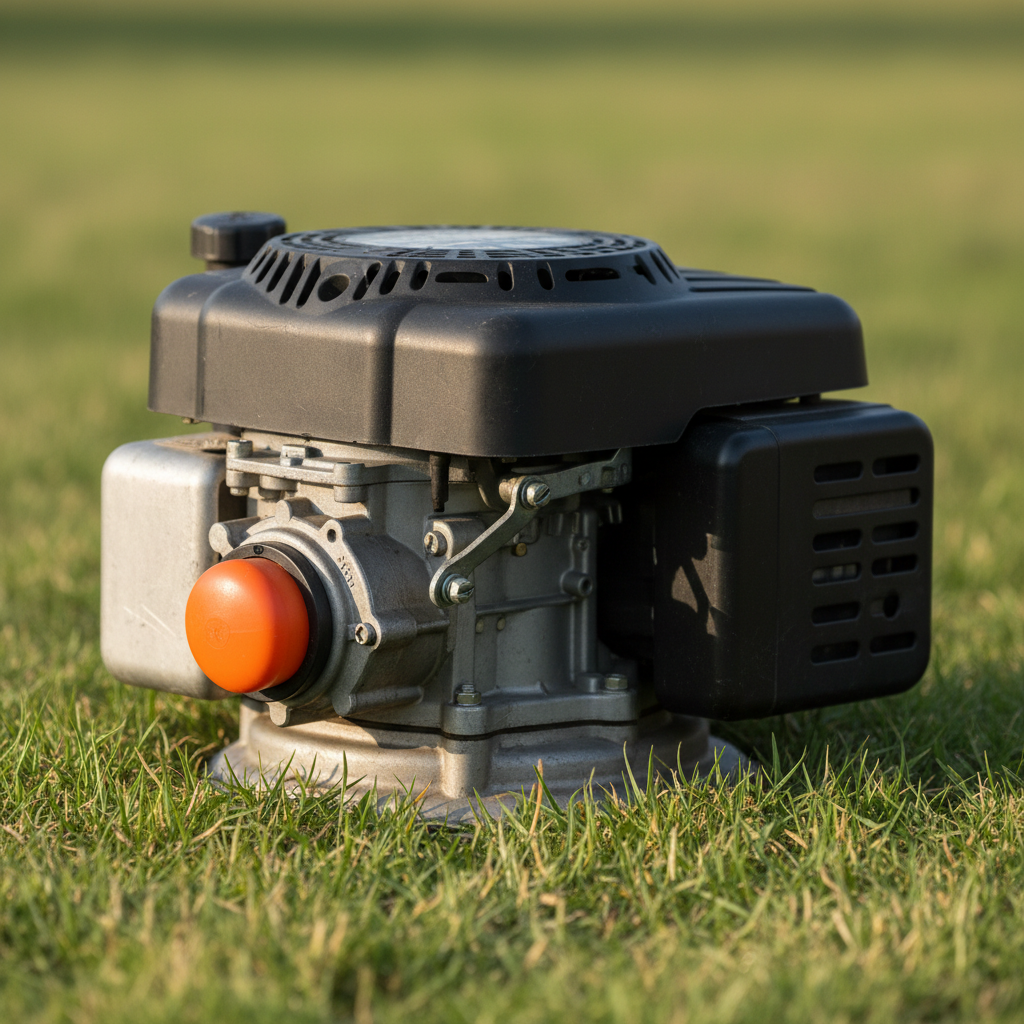 Close-up of a walk-behind mower engine showing the carburetor area and primer bulb on grass.