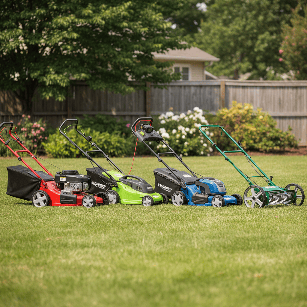 Four types of lawn mowers displayed for comparison