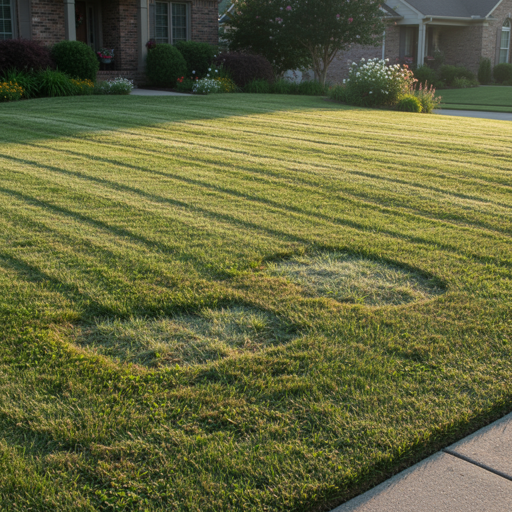 Lawn showing uneven mowing stripes and a few slightly scalped patches