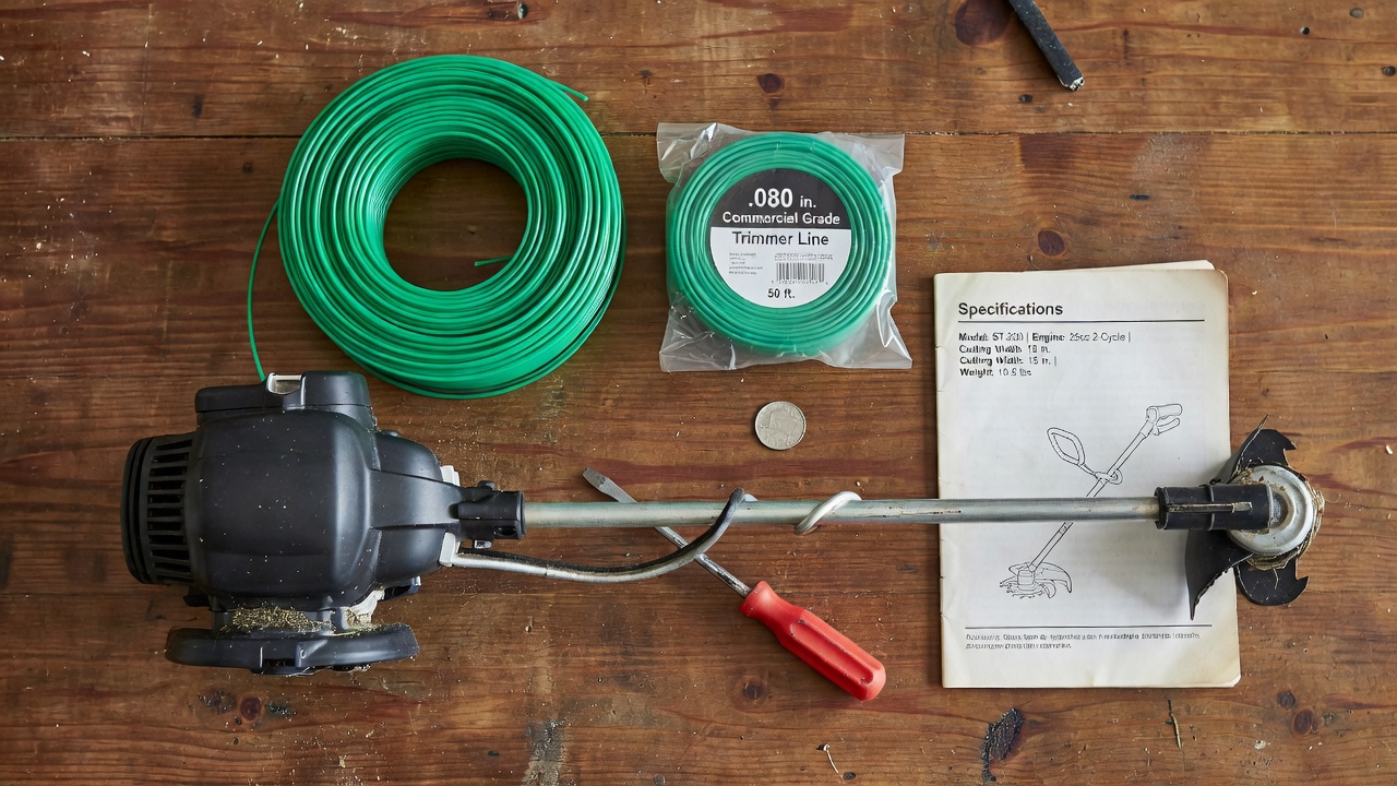 How to Load a Weed Eater: Step-by-Step Trimmer Line Guide Flat-lay of weed eater accessories including bulk line, pre-wound spool, tools, and manual on a workbench.