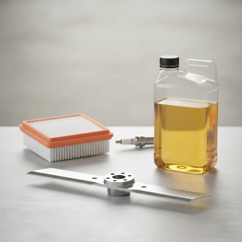 Essential lawn mower maintenance items: blade, air filter, fuel, and spark plug