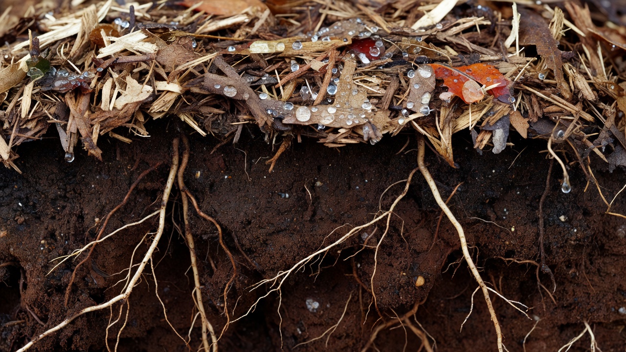 Cross-section showing mulch layer protecting soil and plant roots
