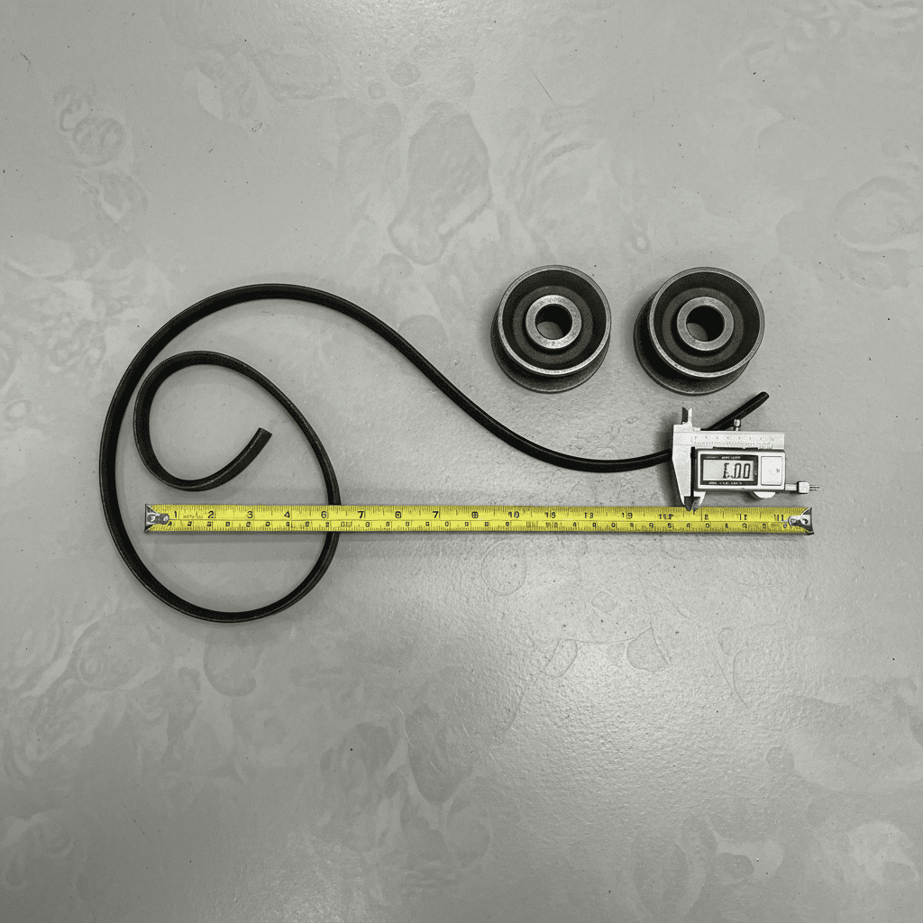 Lawn mower deck and drive belts shown alongside pulleys and a tape measure on a garage floor