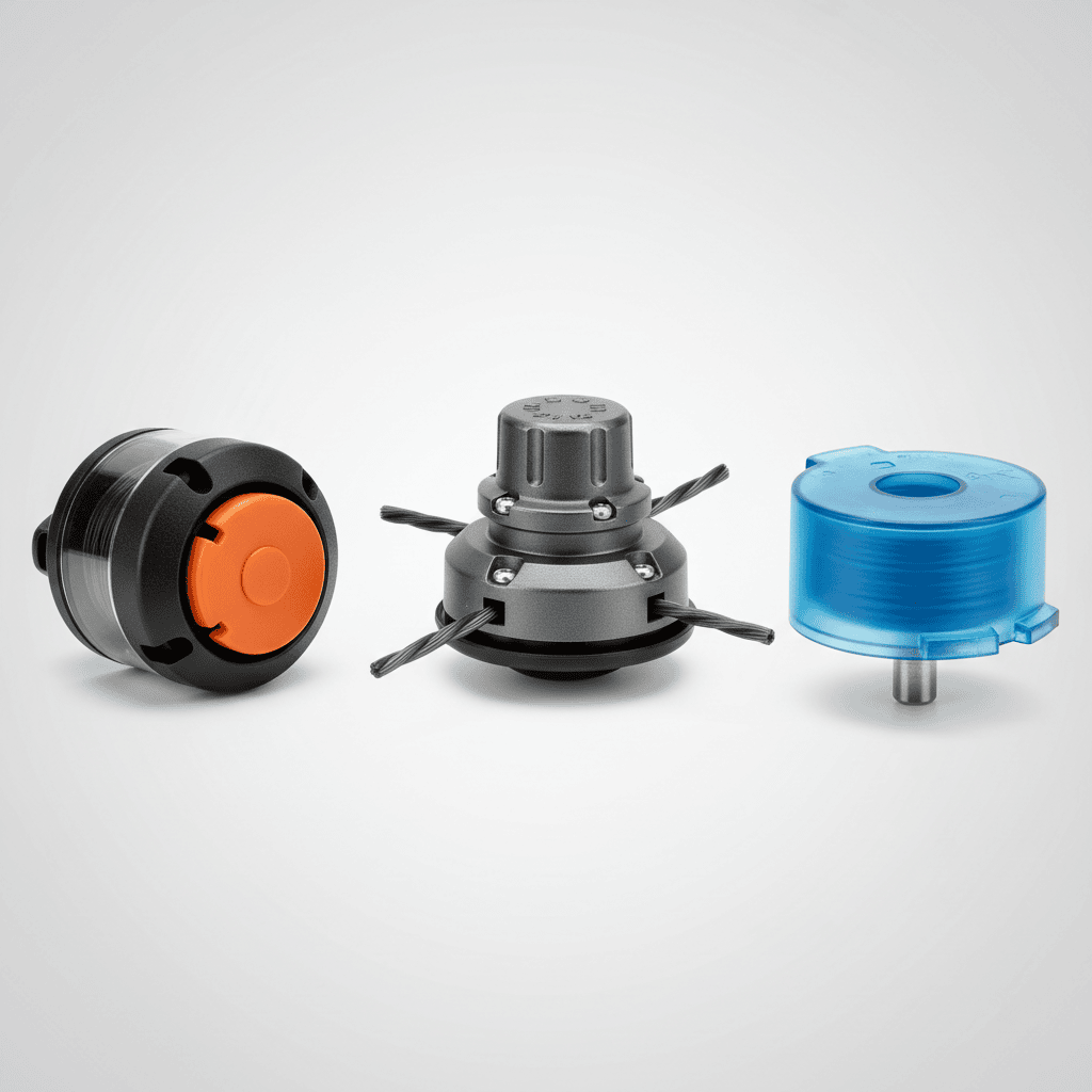 Three types of trimer heads showing bump-feed, fixed-line, and pre-wound spool designs