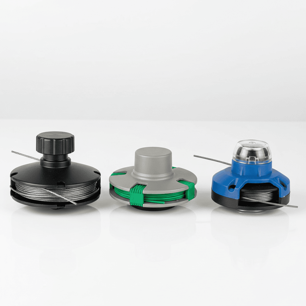 Three types of trimmer heads compared: bump-feed, fixed-line, and auto-feed designs