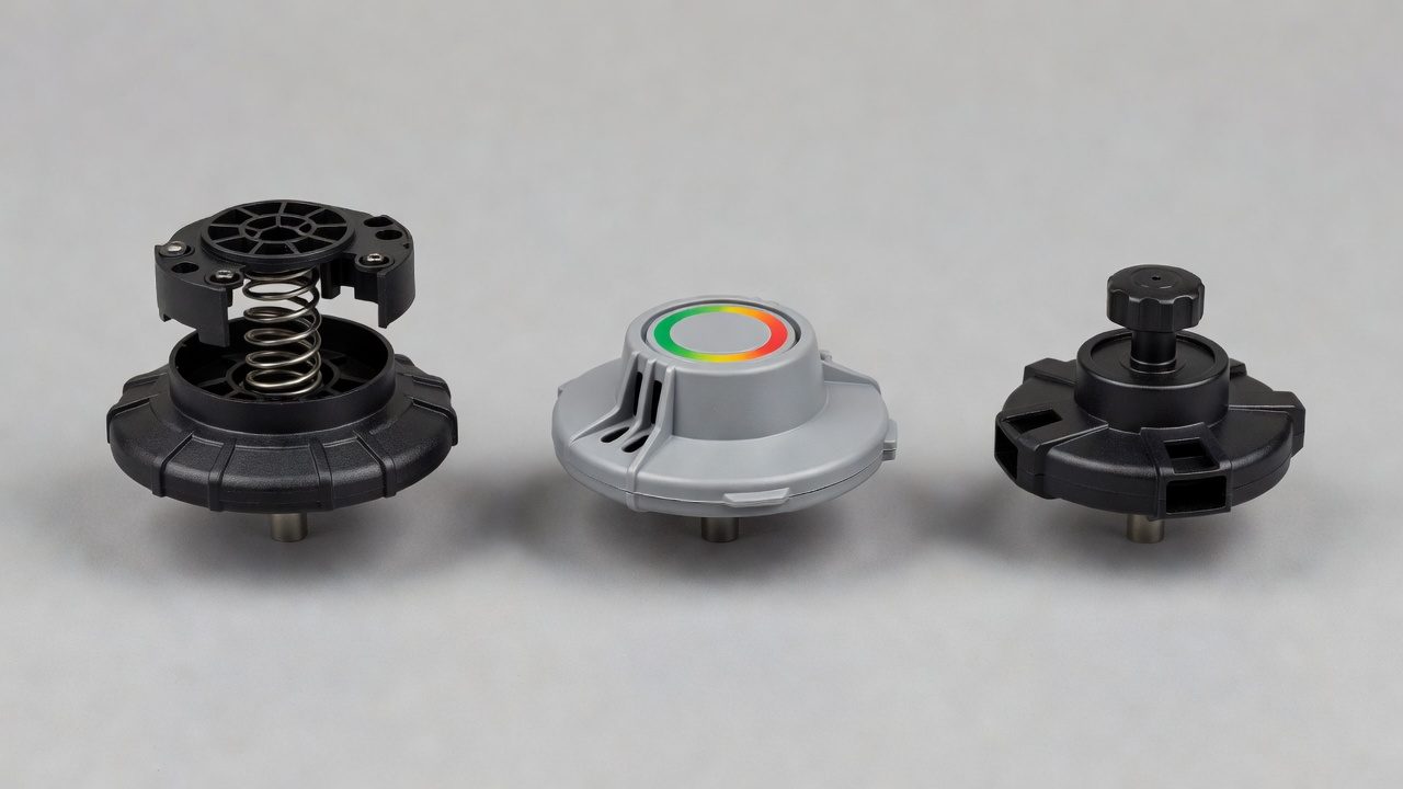 Three different trimmer head types showing bump feed, automatic feed, and manual feed designs