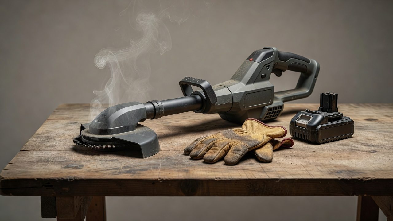 Weed eater with battery removed and work gloves on a safe work surface