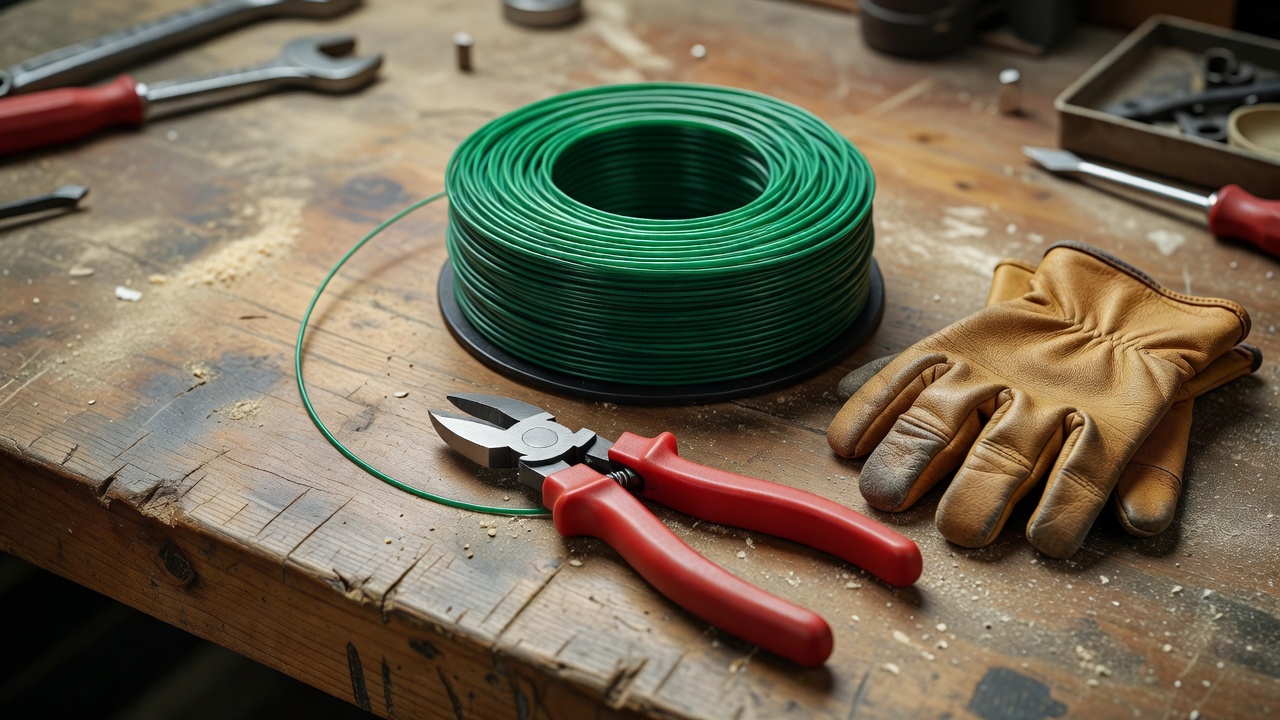 Trimmer line, wire cutters, and work gloves laid out on a workbench.