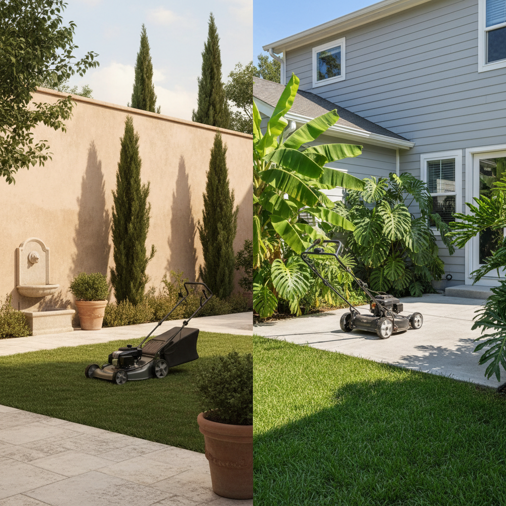 Two residential lawns with mowers, one Mediterranean courtyard and one leafy suburban yard