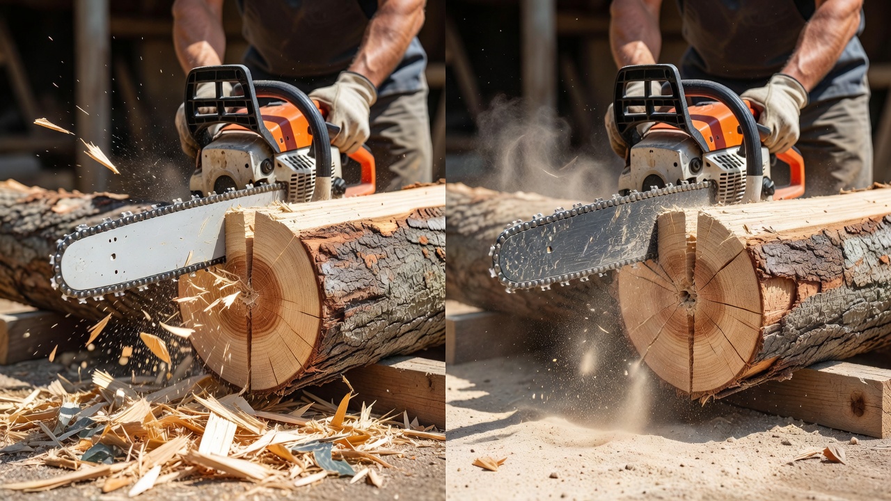 Sharp vs dull chainsaw chain cutting comparison