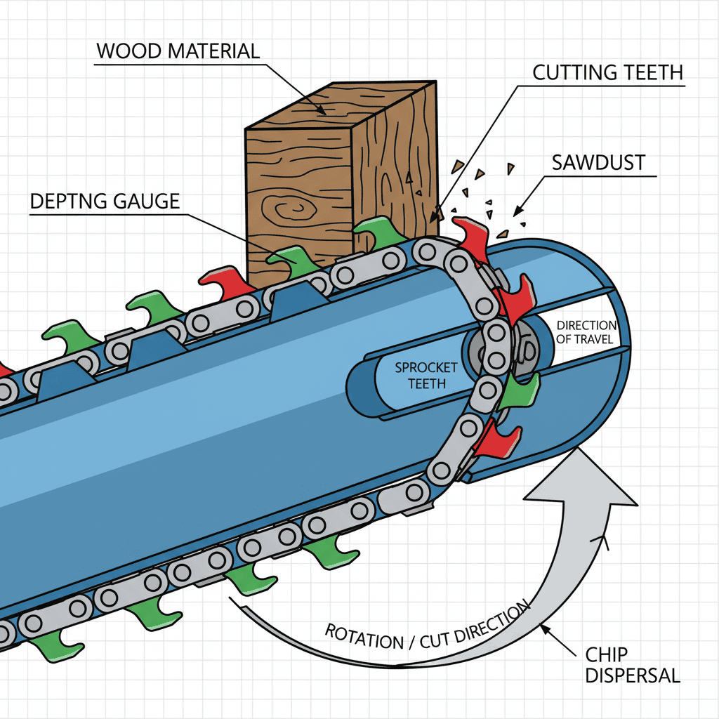 Chainsaw chain components showing cutting teeth, depth gauges, and drive links