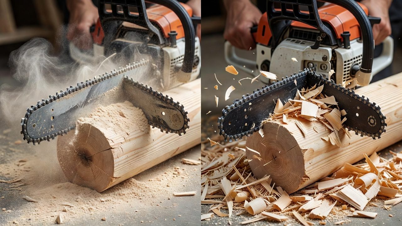 Comparison of dull chainsaw producing sawdust versus sharp chainsaw producing wood chips