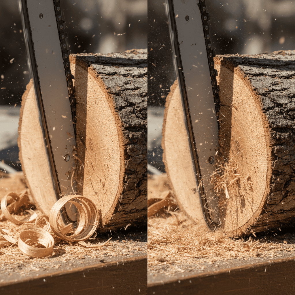 Understanding Chainsaw Sharpening: Why and When It’s Needed Comparison of sharp chainsaw producing chips versus dull chainsaw producing sawdust