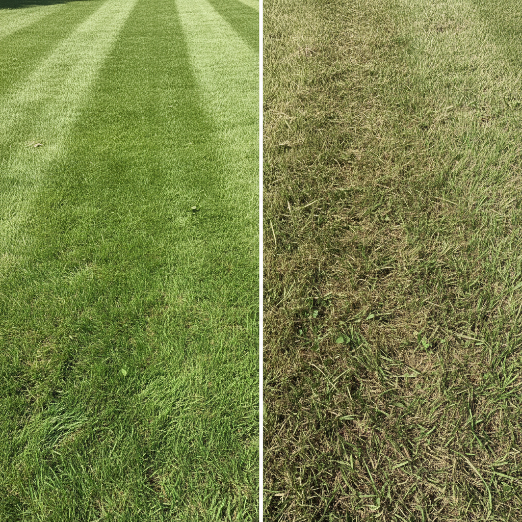 Why Sharpen a Lawn Mower Blade and How Often Comparison of lawn cut by sharp versus dull mower blade