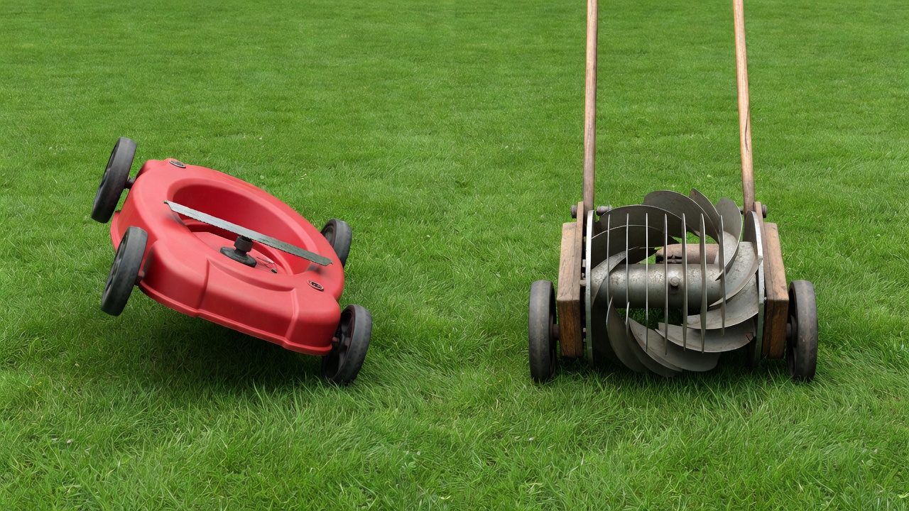 Rotary push mower beside a reel push mower showing the difference between a single flat blade and a helical reel cylinder