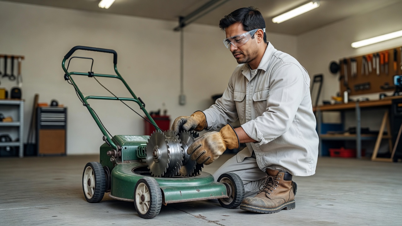 How Do You Sharpen a Reel Lawn Mower Blade? Person wearing safety gloves and eye protection preparing to work on lawn mower blades