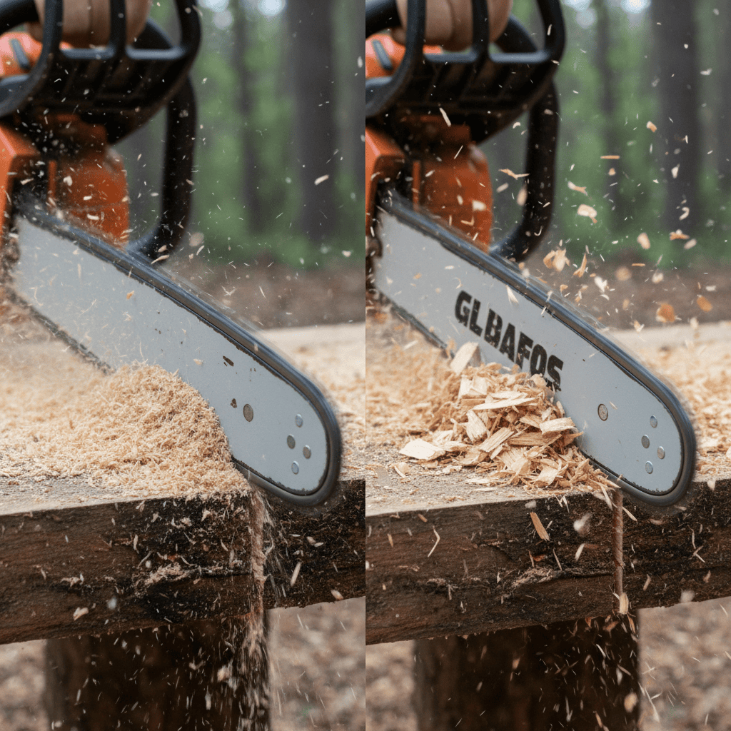 Comparison of dull chainsaw (fine sawdust, pulling to side) versus sharp chainsaw (wood chips, straight cuts)