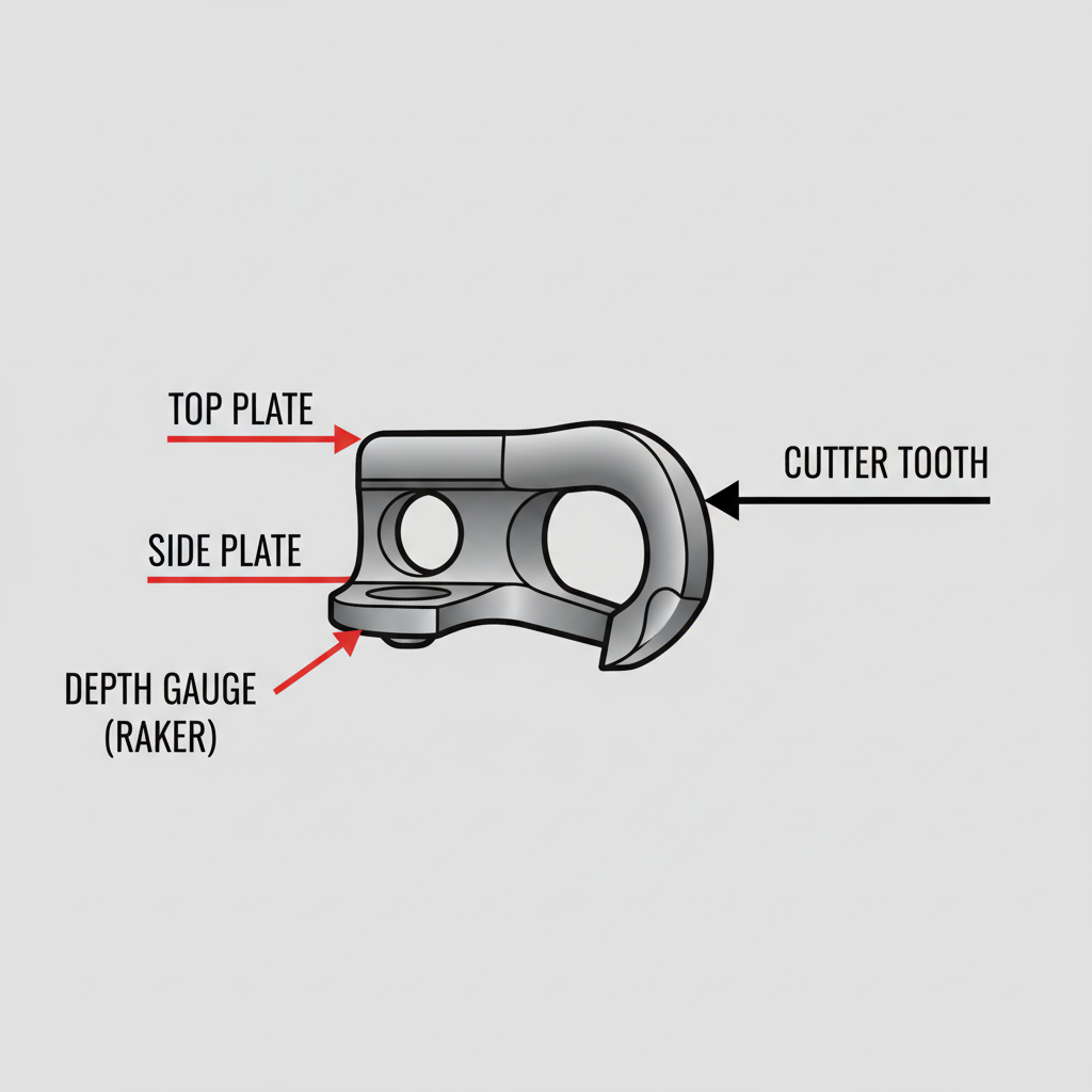 Illustration of a chainsaw chain link showing the cutter tooth and depth gauge.