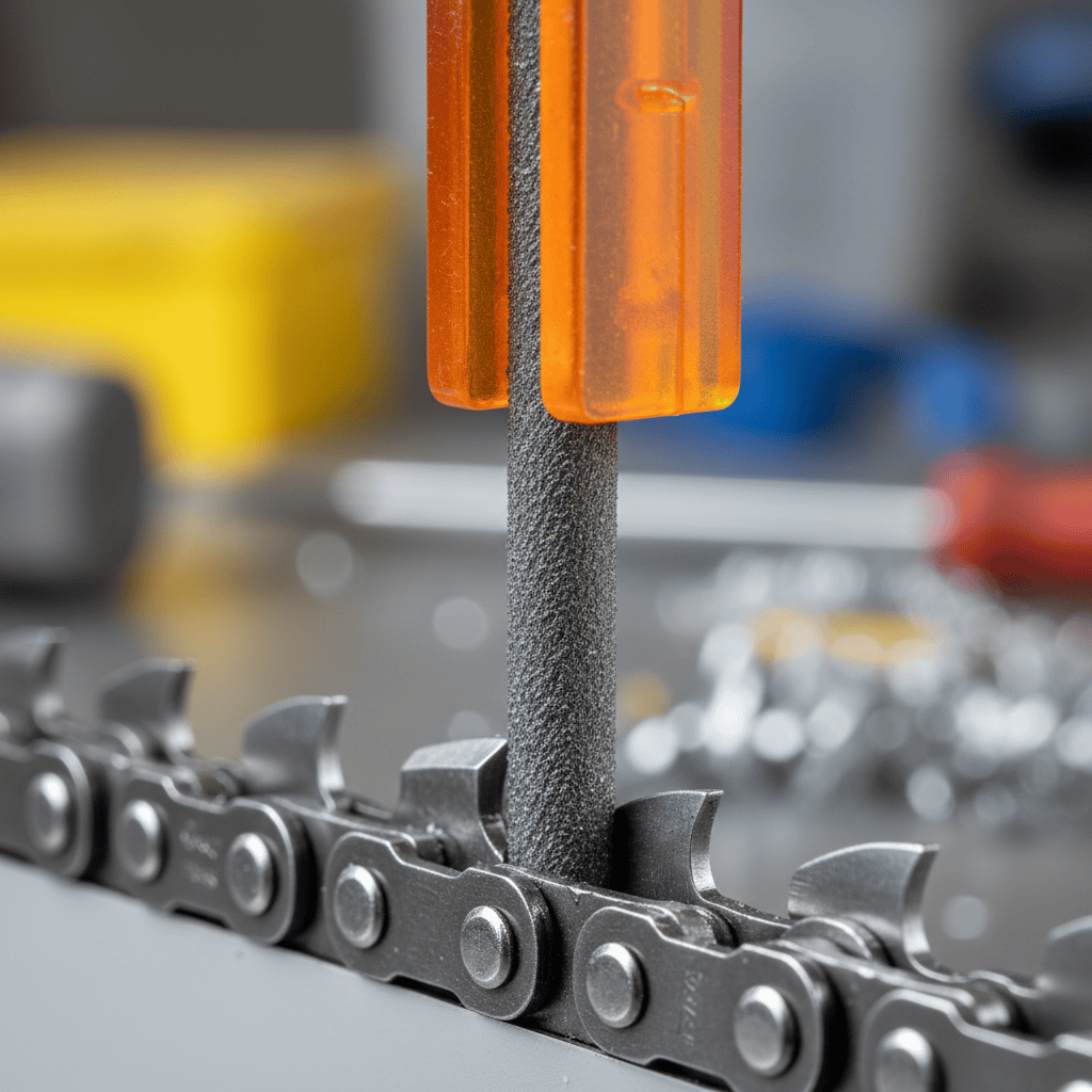 Macro view of a round file seated in a chainsaw chain tooth gullet with a file guide