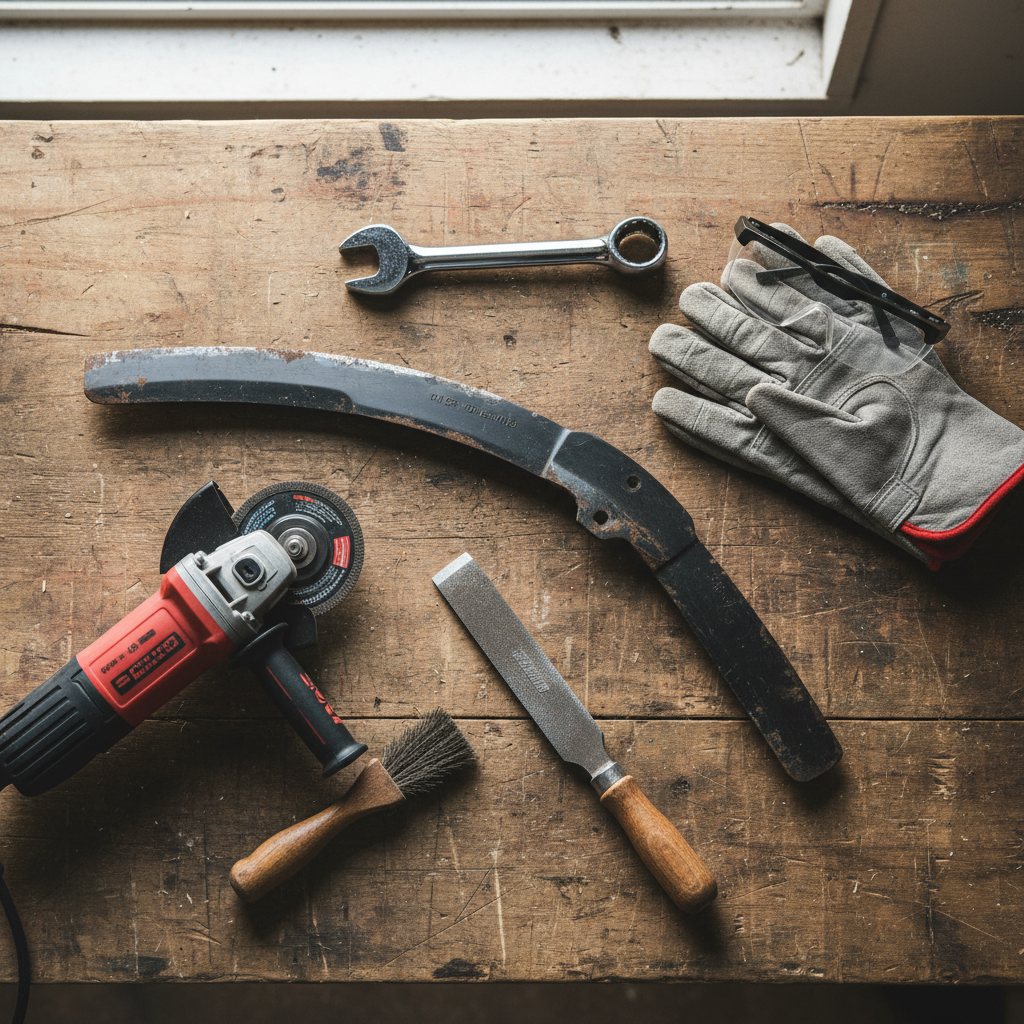 Flat-lay of tools needed to sharpen a lawn mower blade including a file, wrench, gloves, and safety glasses
