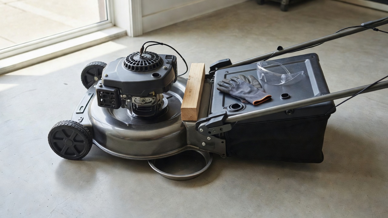 How Do You Sharpen Lawn Mower Blades? (Safe DIY Guide) Lawn mower positioned safely with spark plug disconnected, blade blocked, and safety equipment in place