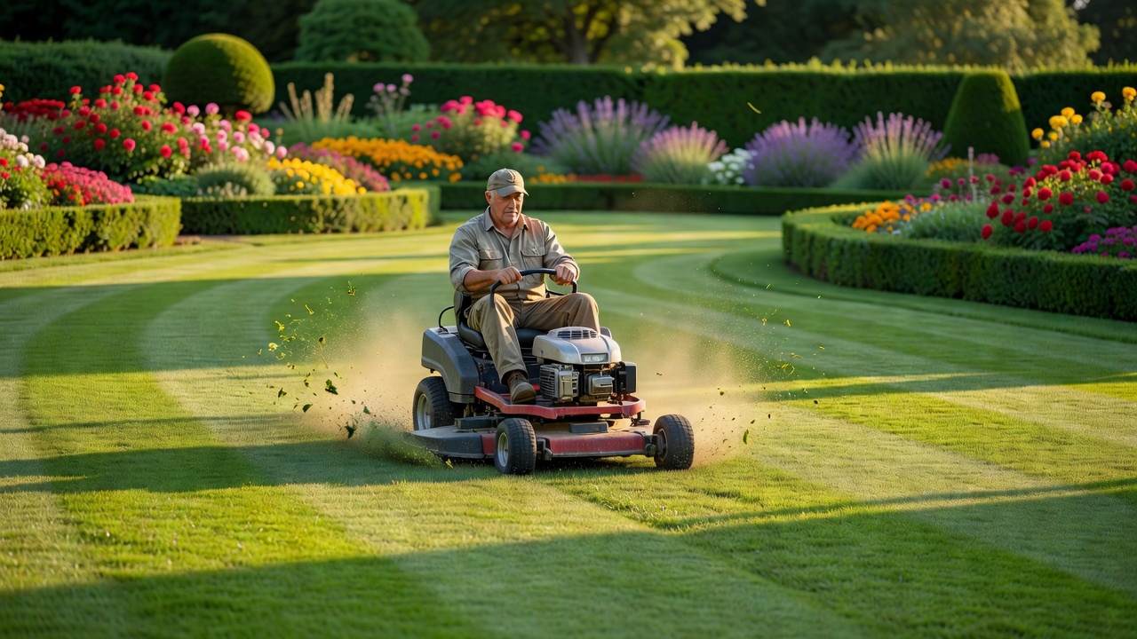 Professional riding mower maintaining a perfectly manicured large lawn