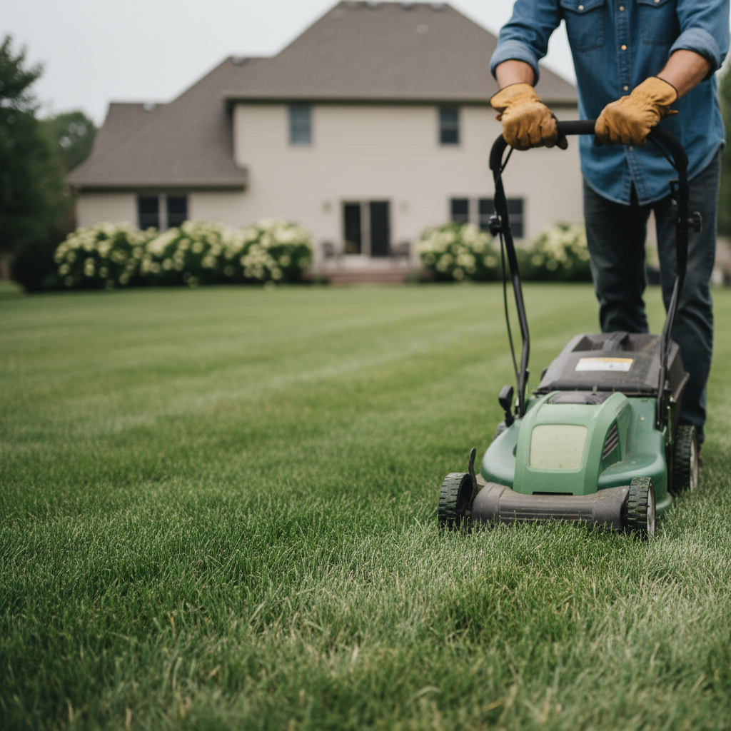 Hands guiding a lawn mower across a short, even residential lawn.