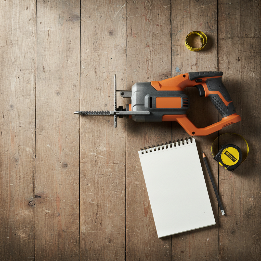 Overhead view of a reciprocating saw and measuring tape on a wooden workbench