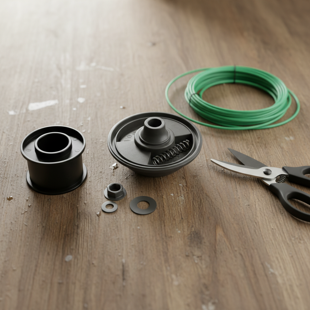 Disassembled weed eater head with spool and trimmer line on a workbench.