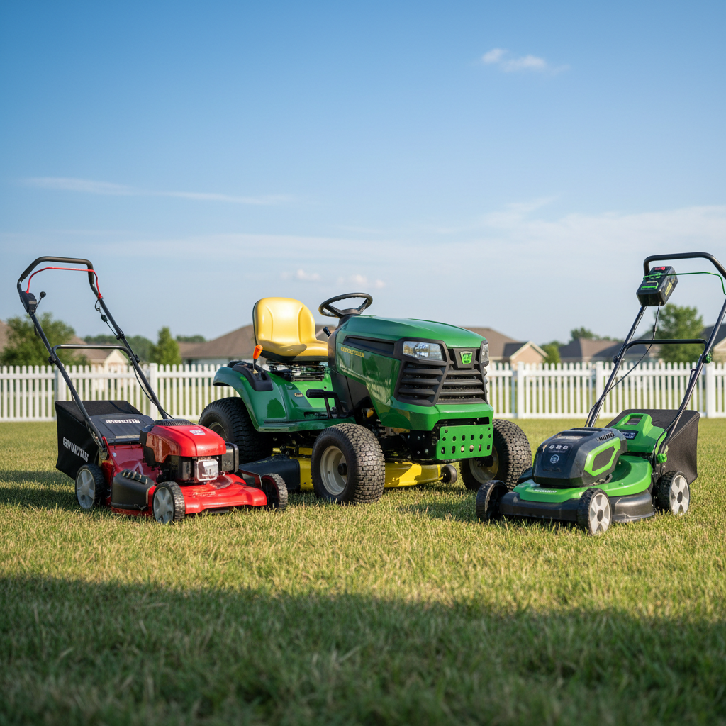 Three types of Craftsman lawn mowers: push mower, riding mower, and battery-powered model