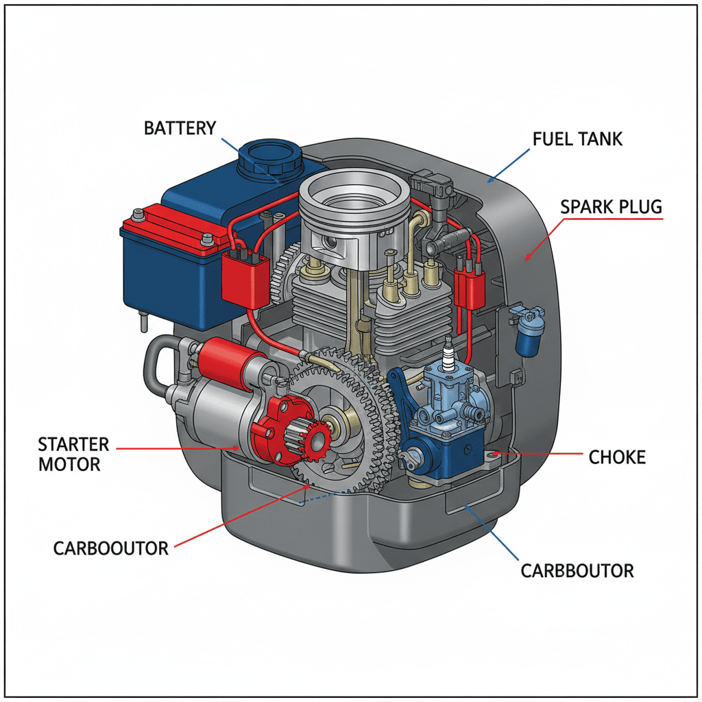 Cutaway diagram of riding mower engine showing starter motor, battery, fuel system, and ignition components