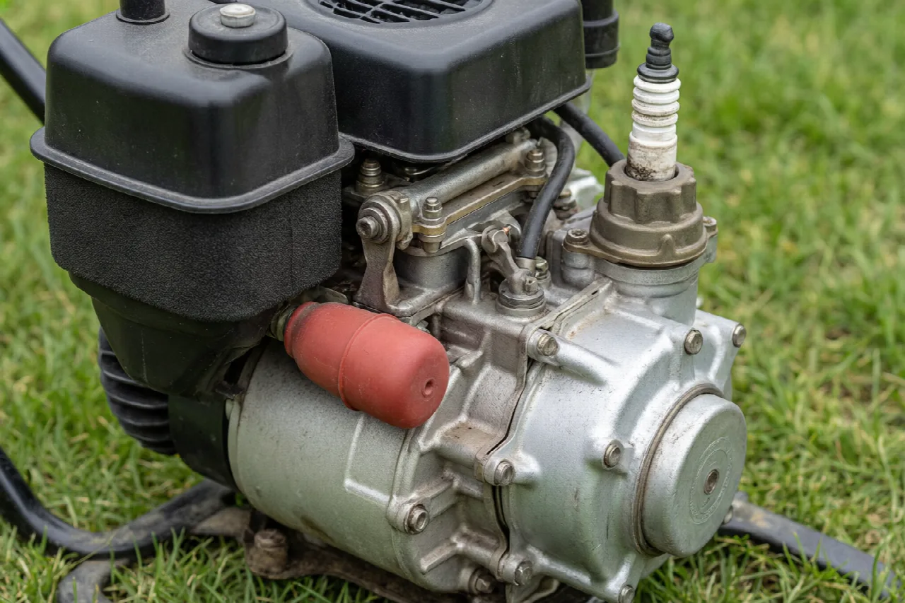 Close view of a walk-behind mower engine showing the air filter, primer, and spark-plug boot.