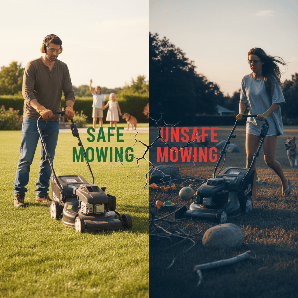 Side-by-side comparison of safe lawn mowing preparation versus unsafe practices