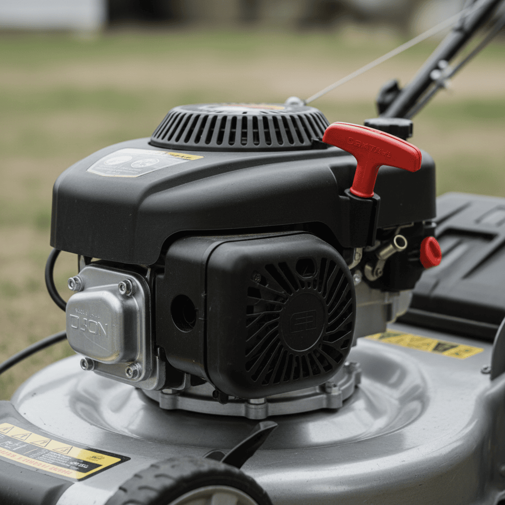 Close-up of a lawn mower recoil starter cord and engine housing