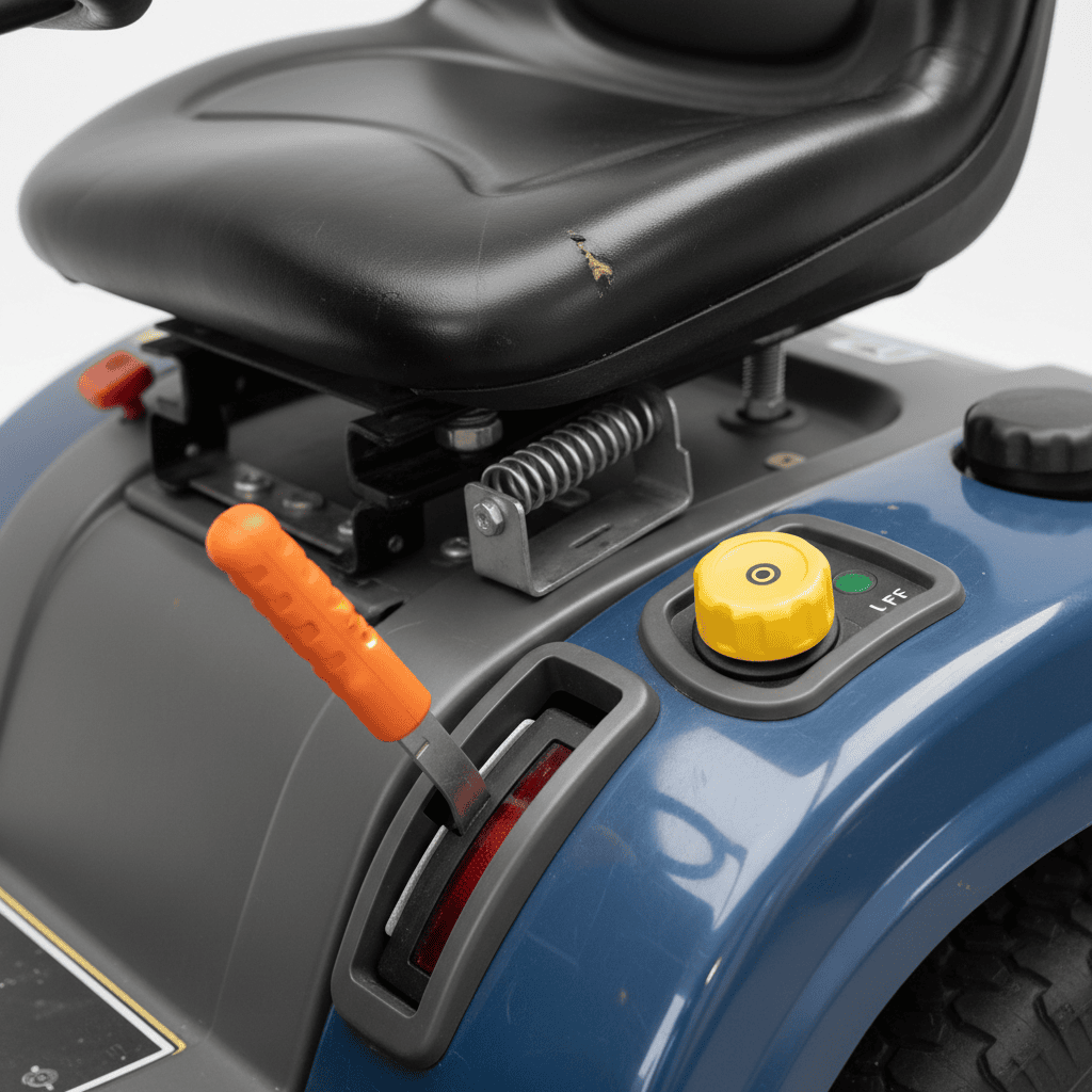 Close-up of the seat safety switch, parking brake lever, and PTO switch on a riding mower.