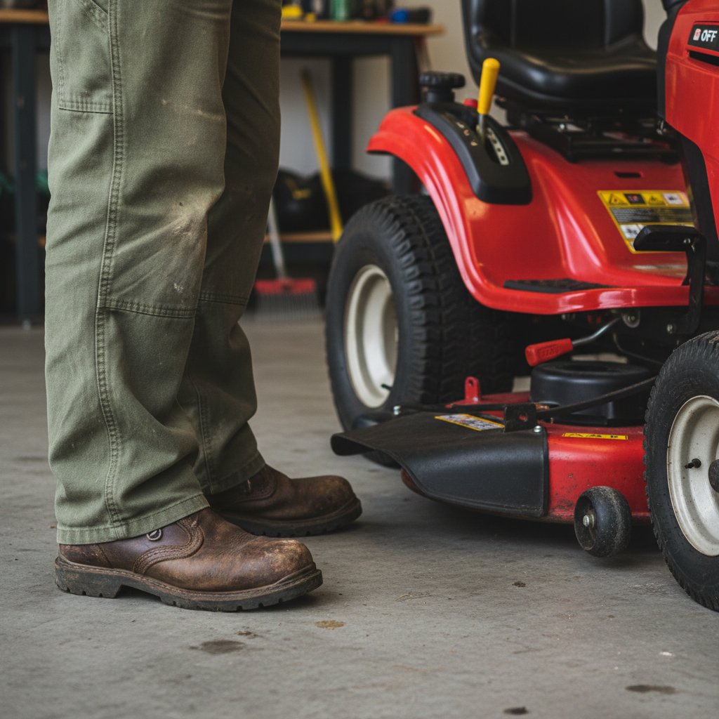 Person wearing proper safety gear standing next to a lawn mower with blade disengaged