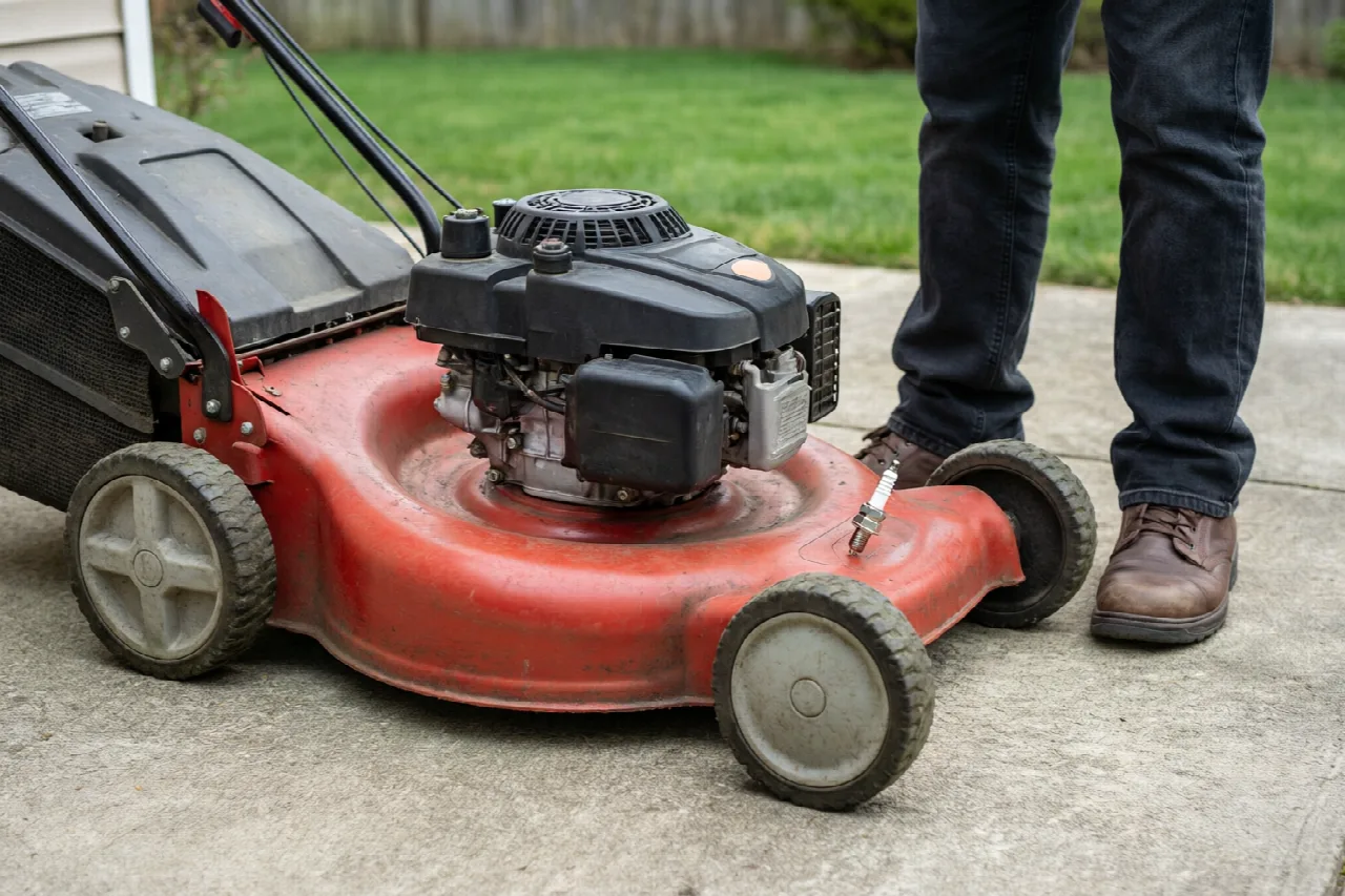 Person outdoors with a lawn mower spark-plug lead disconnected before inspection