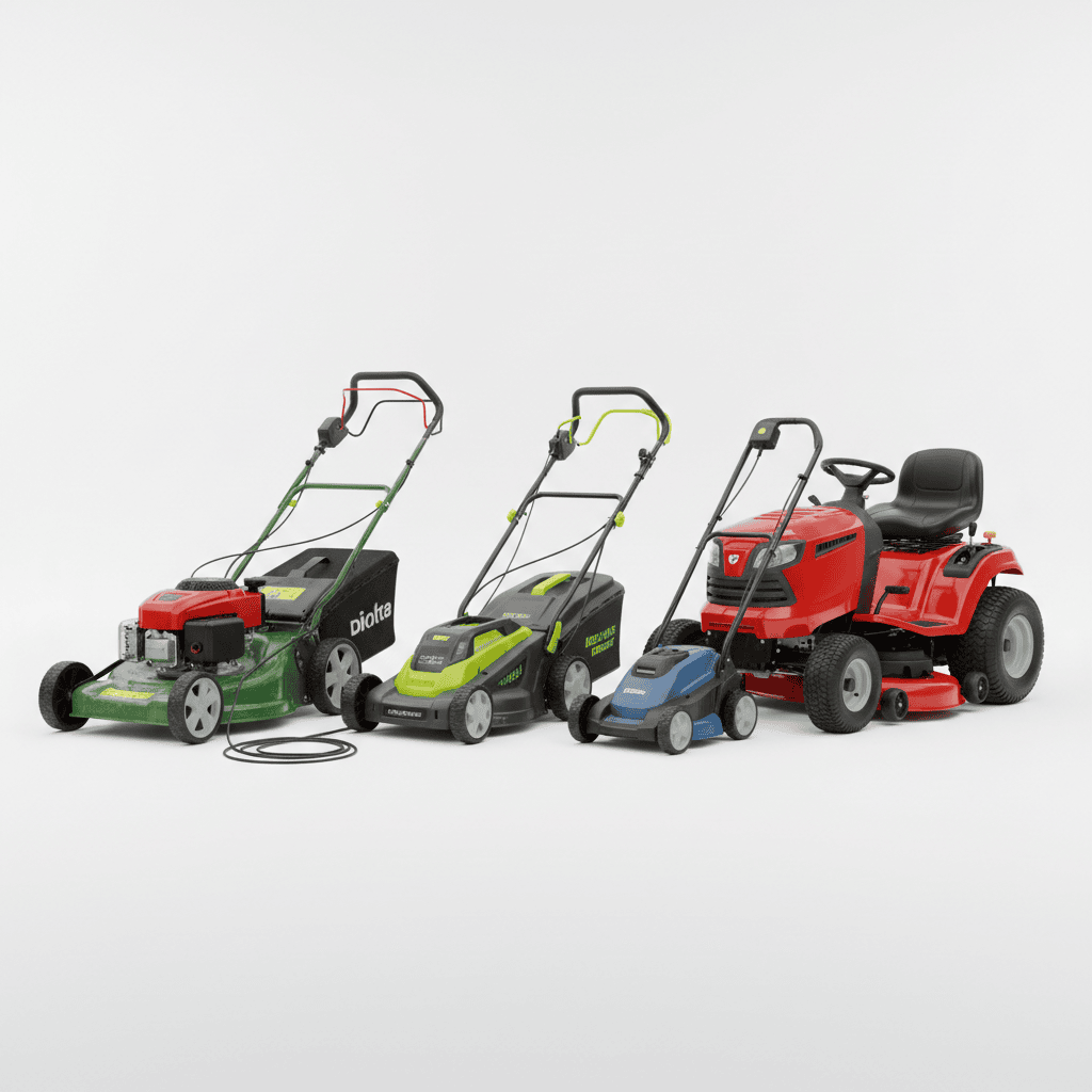 Four different types of lawn mowers displayed: gas push, battery-powered cordless, corded electric, and riding mower
