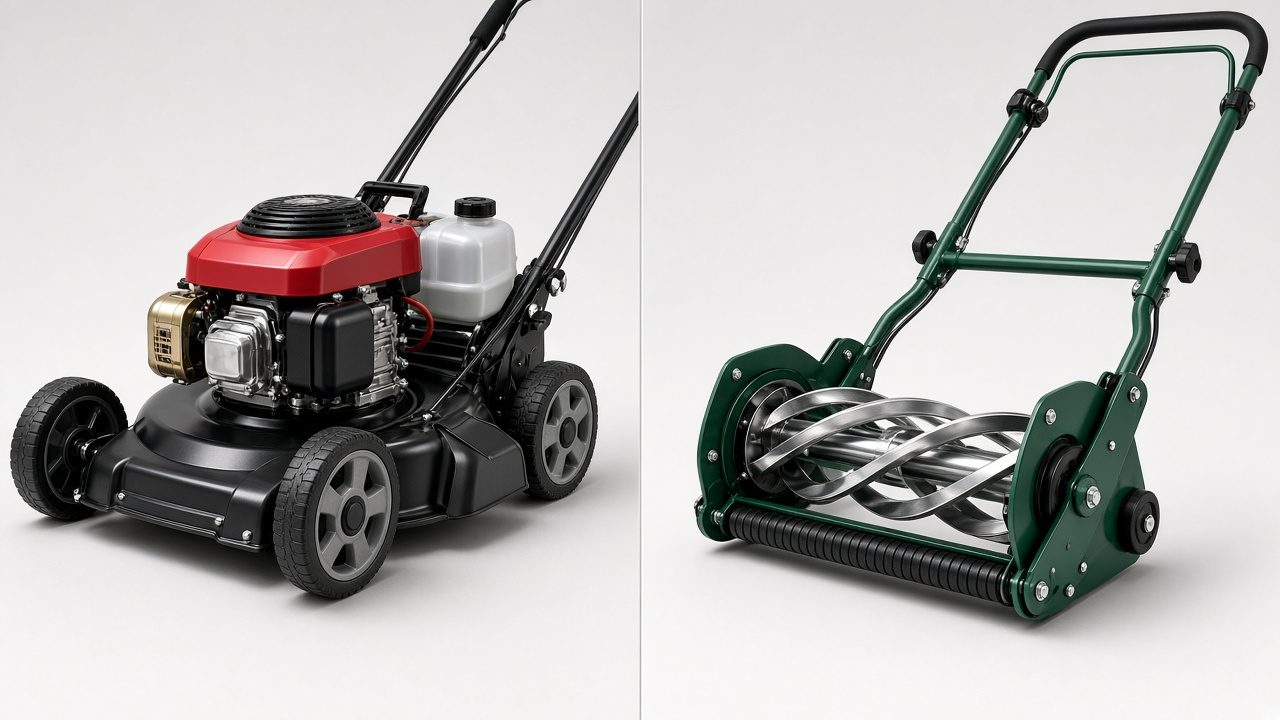 Understanding What a Push Mower Is Gas-powered push mower compared to manual reel mower design