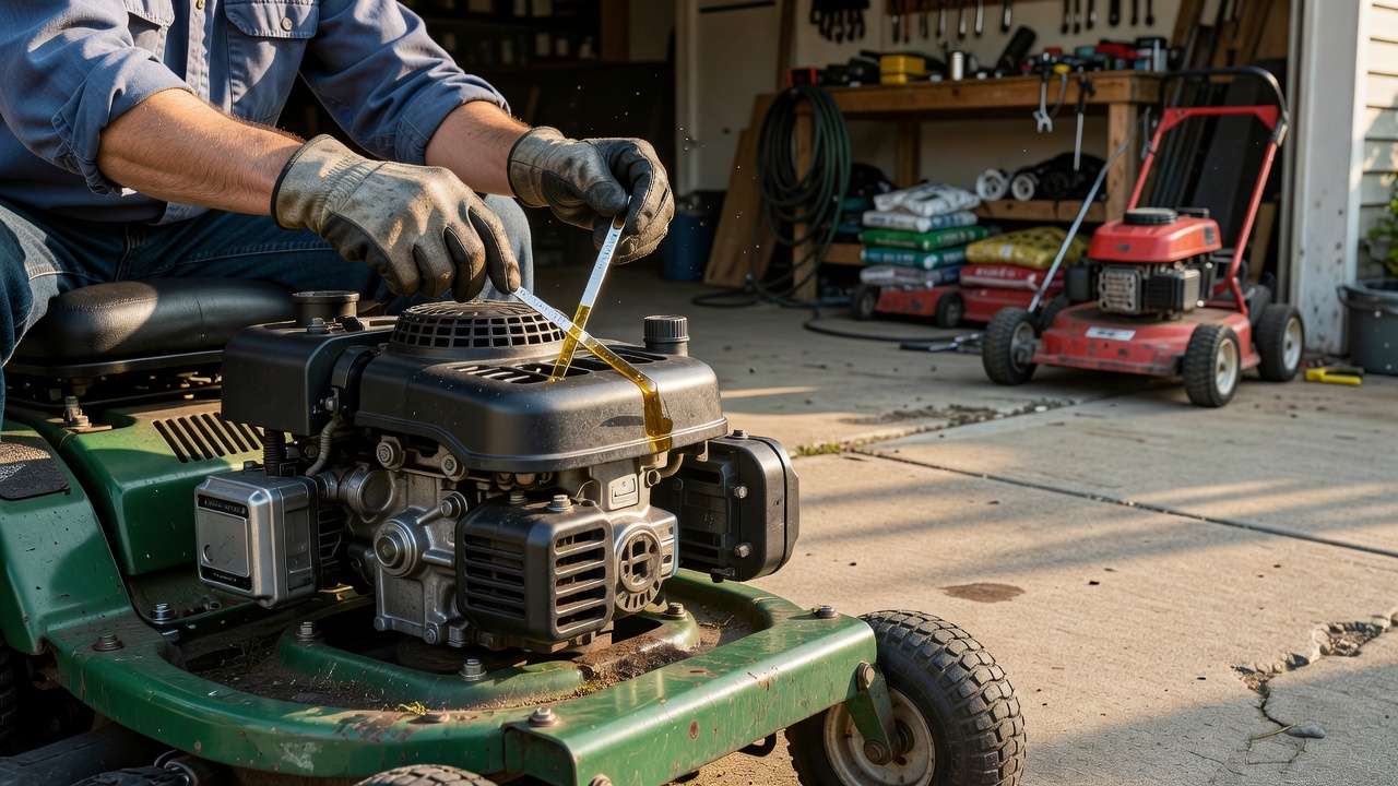 Hands checking oil levels on a lawn mower engine before starting