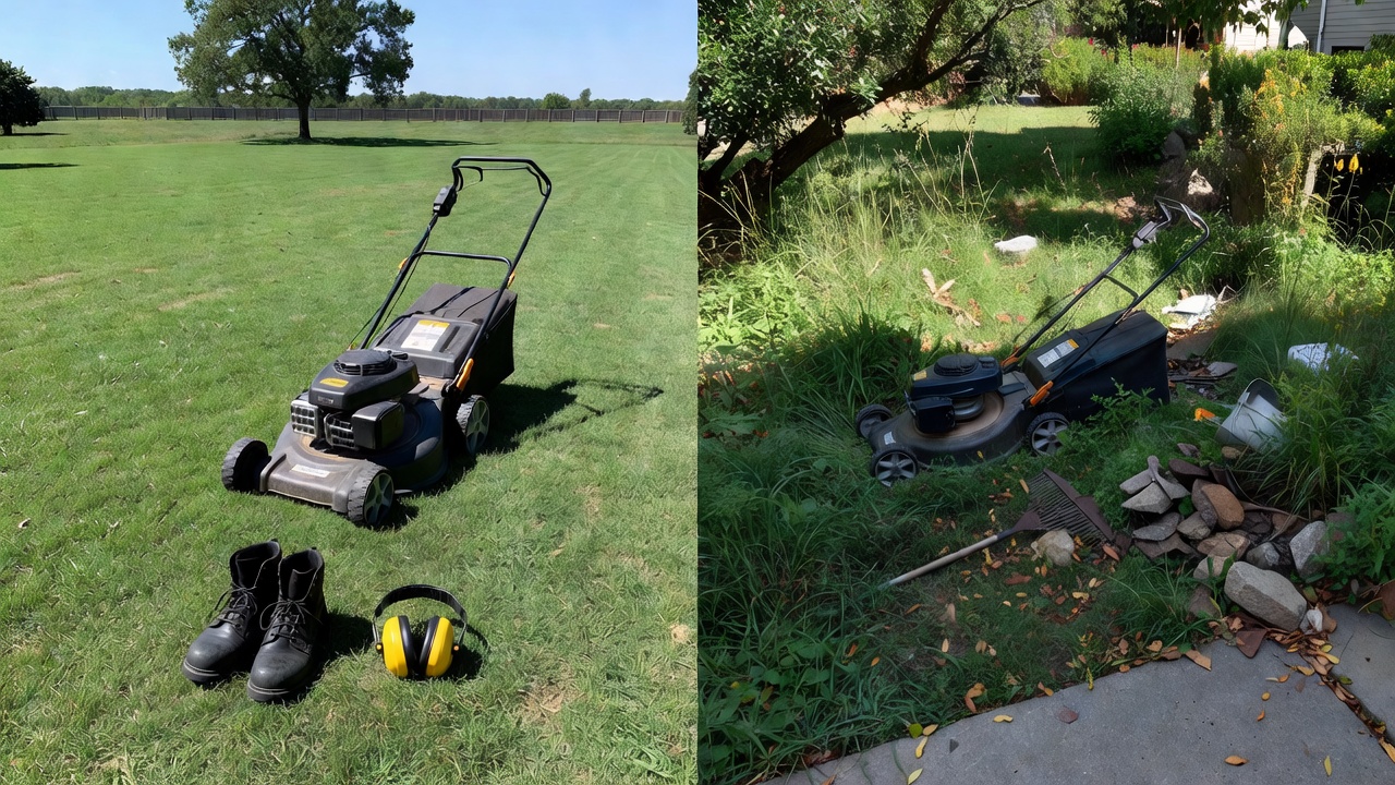 Safe versus unsafe lawn mower setup and work area preparation