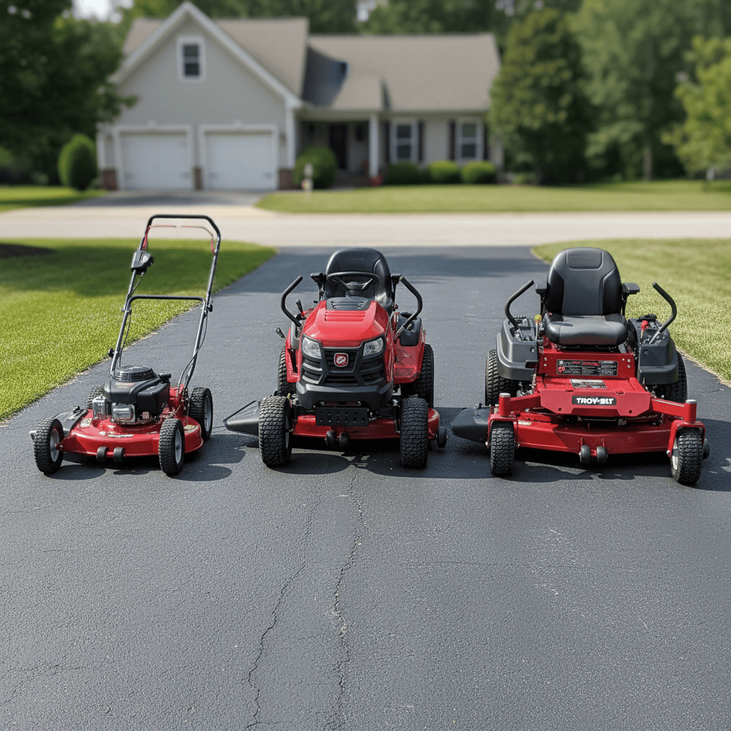 Three types of Troy-Bilt mowers: push, riding, and zero-turn.