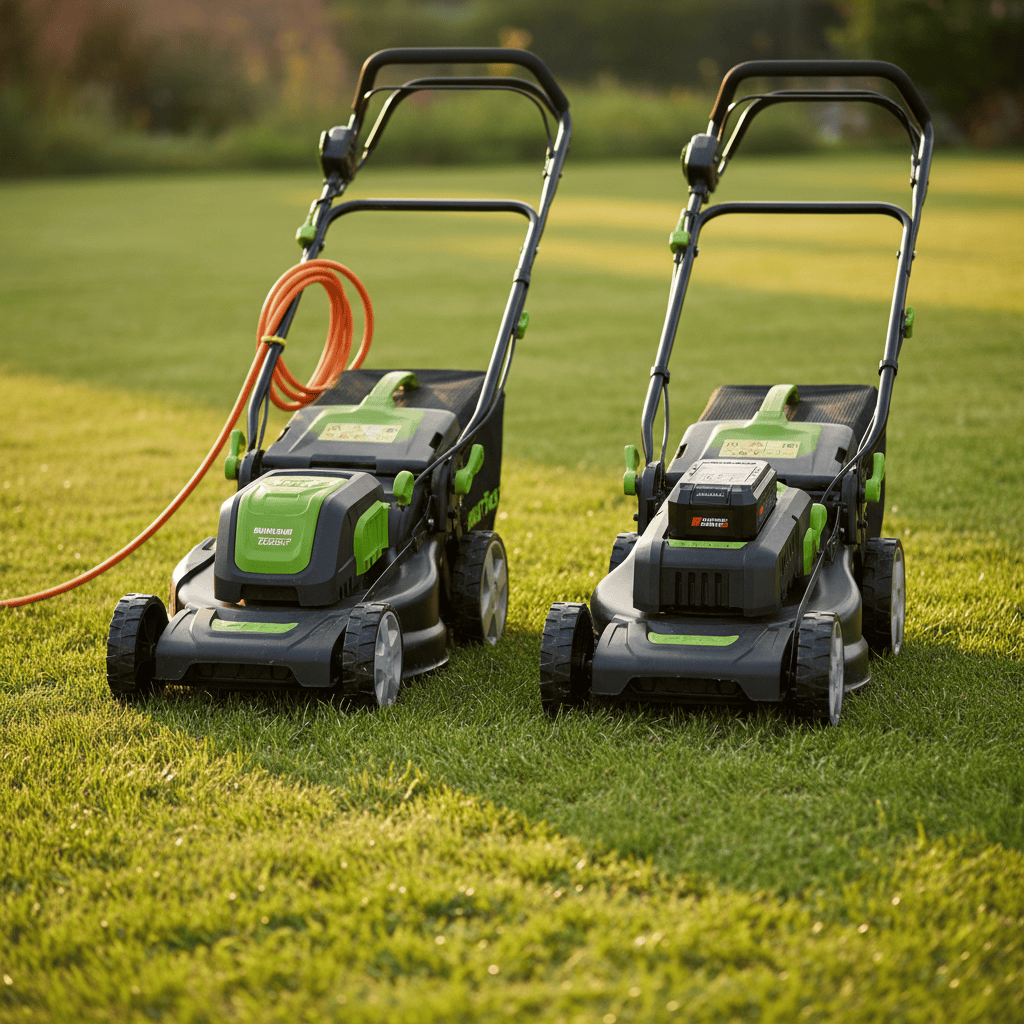 Corded and cordless electric lawn mowers side by side on a green lawn